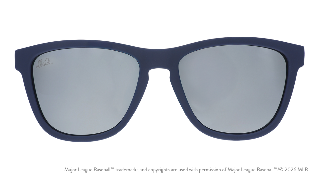 Front view of Mets shades with blue faceplate. Chrome reflective lenses have the team's script logo etched on the left lens.
