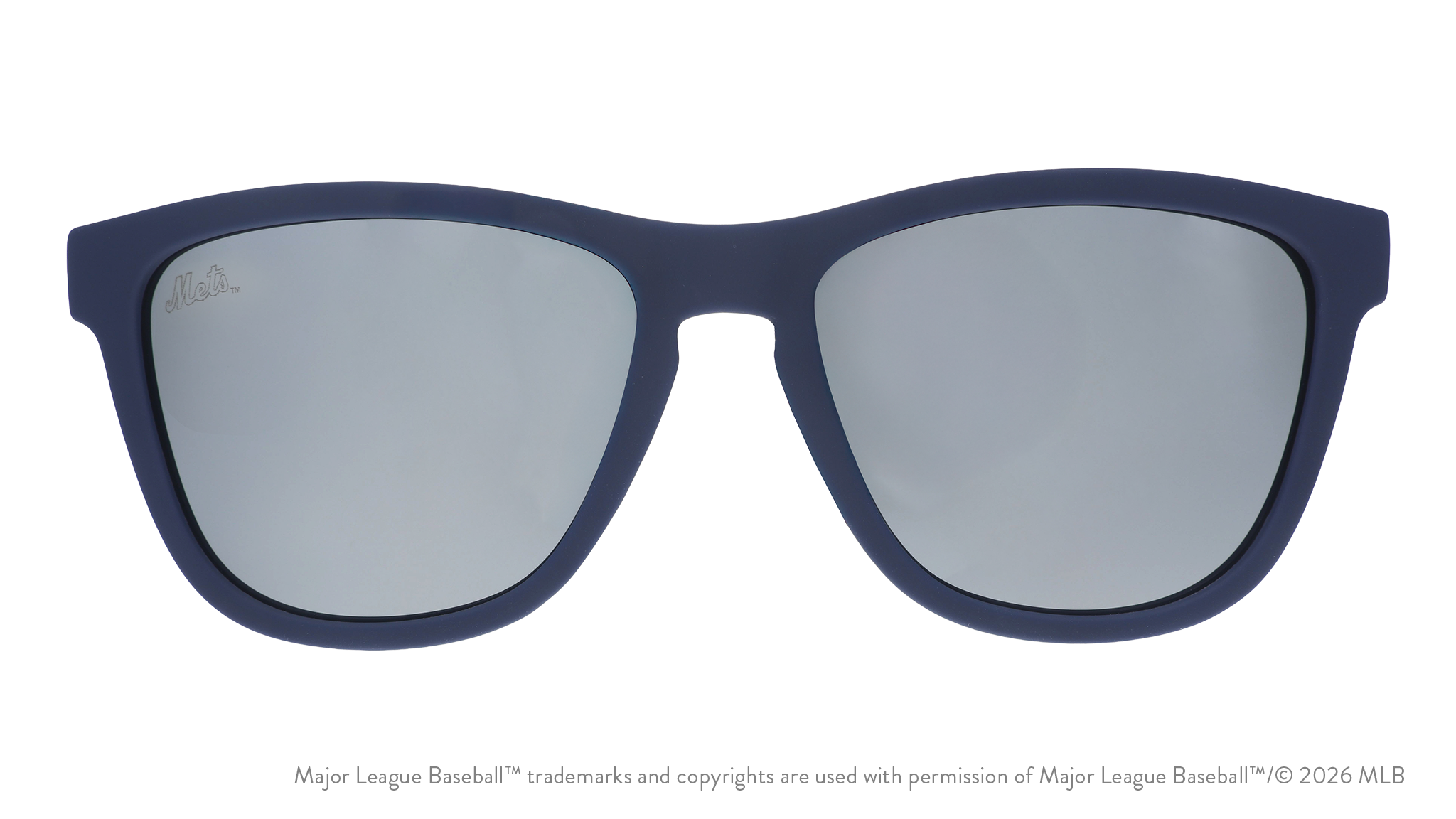 Front view of Mets shades with blue faceplate. Chrome reflective lenses have the team's script logo etched on the left lens.