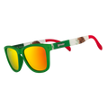 Three-quarter angle view of green shades w/ a Mexican flag pattern+burnt orange reflective lenses on a white background.