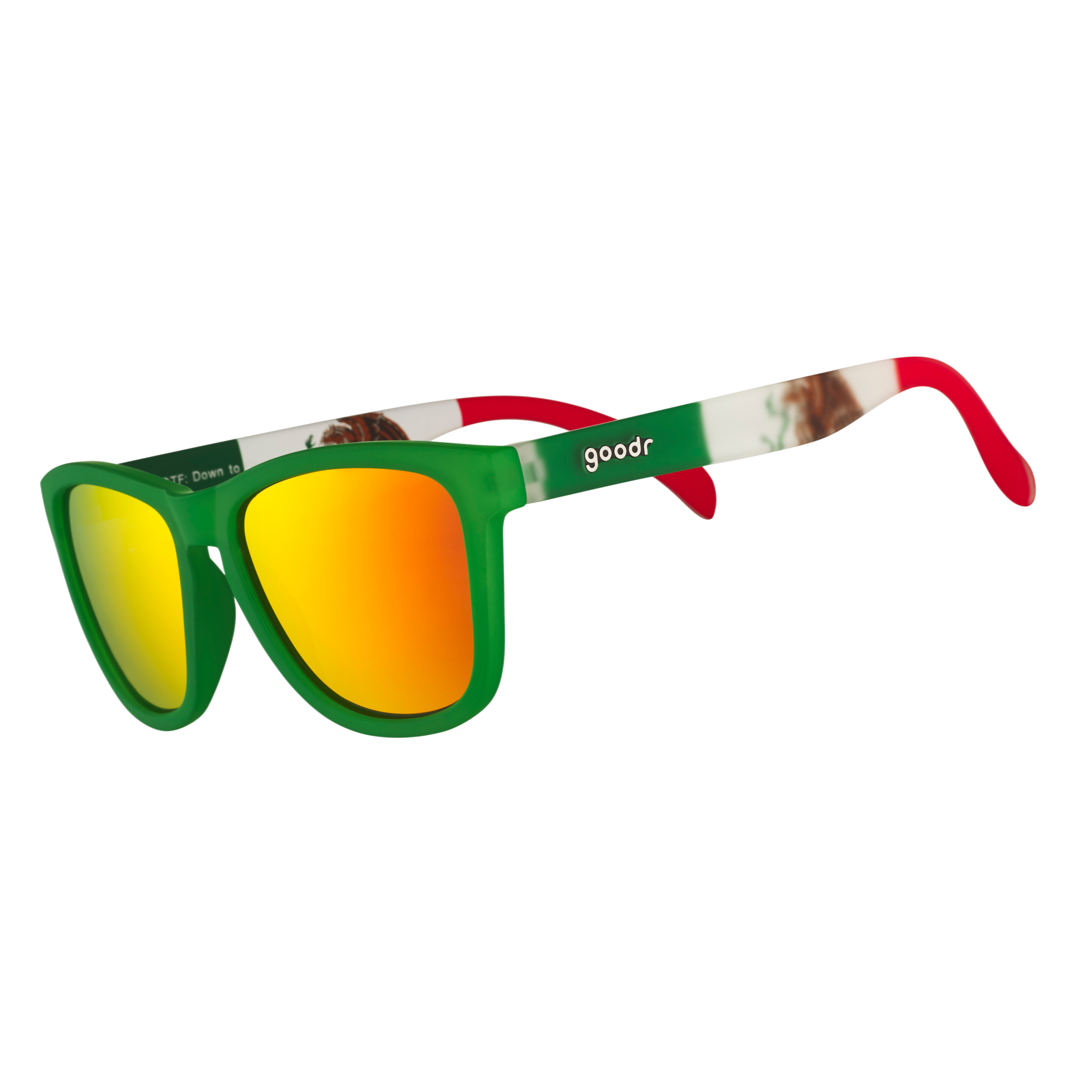 Three-quarter angle view of green shades w/ a Mexican flag pattern+burnt orange reflective lenses on a white background.