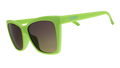 Three-quarter angle view of lime green angled cat-eye sunglasses with non-reflective black gradient lenses.