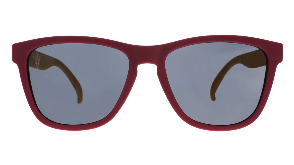 Front view of dark red and yellow sunglasses with black lenses.