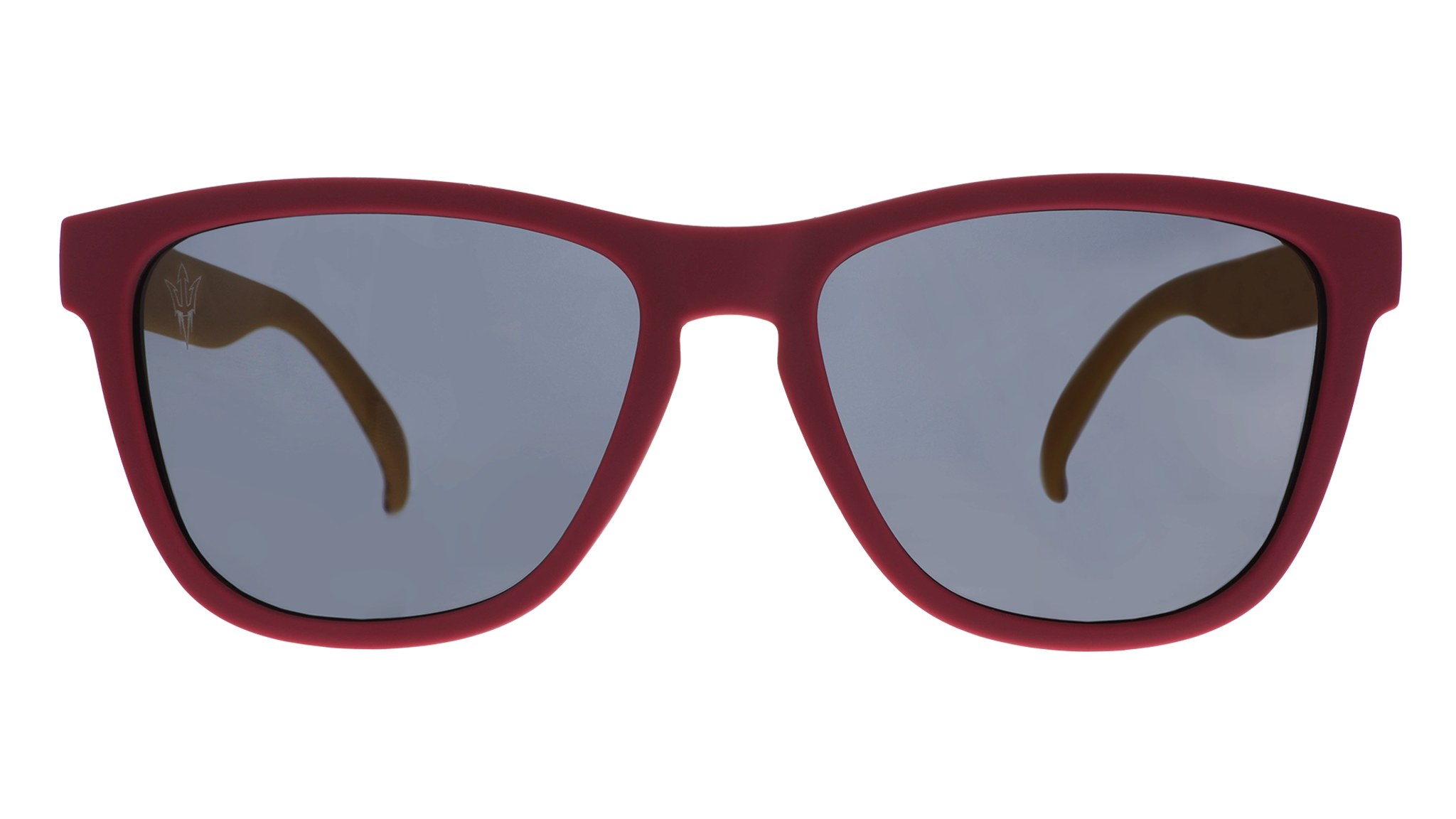 Front view of dark red and yellow sunglasses with black lenses.