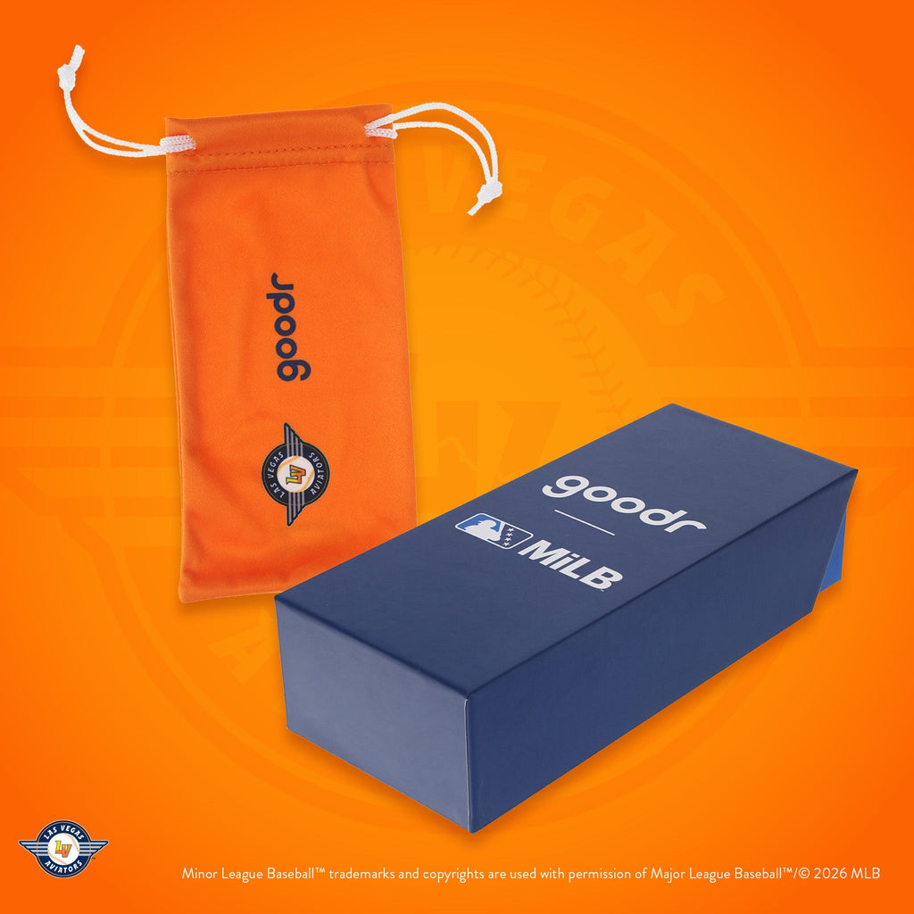 Front view of custom Minor League Baseball-themed packaging with a patterned microfiber bag and box.