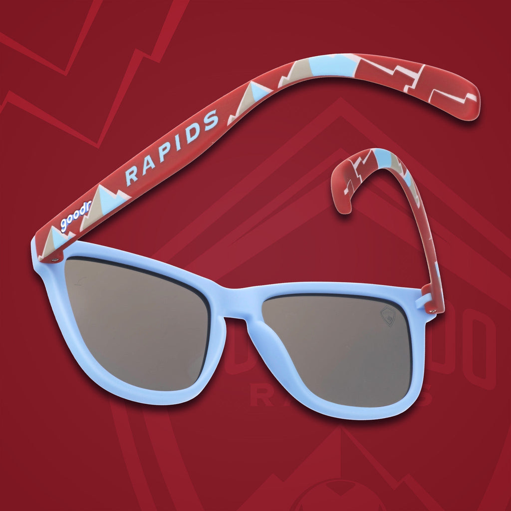 Three-quarter angle back view of MLS Colorado Rapids shades. Blue+red patterned frames. Ice blue reflective lenses.