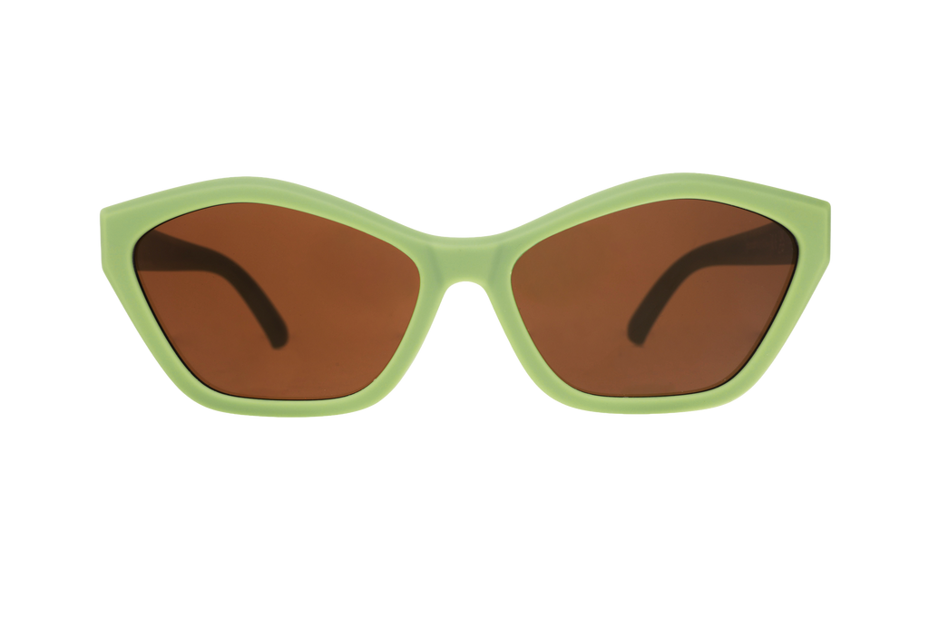 Sunglasses with green frame and brown lenses on a white background
