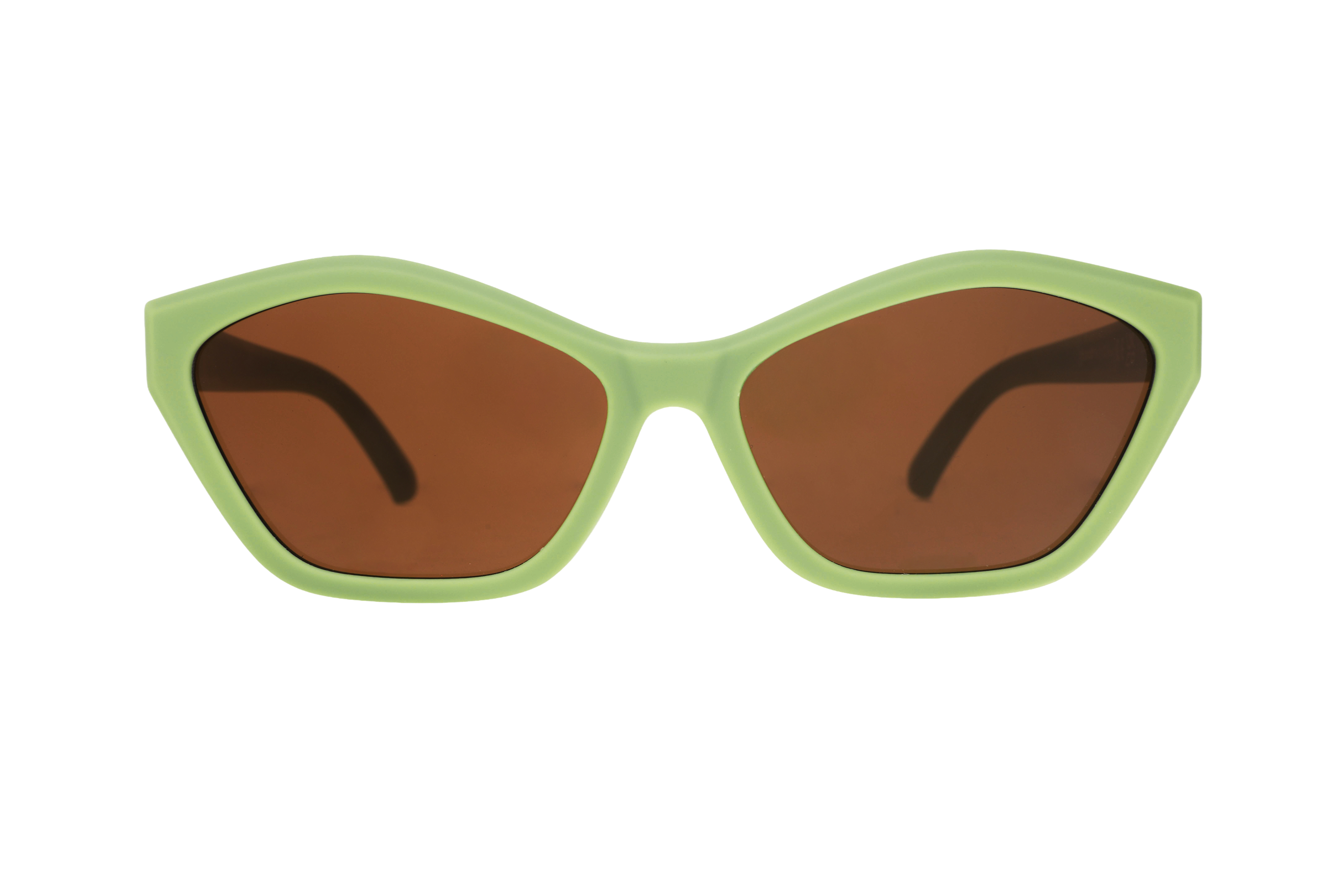 Sunglasses with green frame and brown lenses on a white background