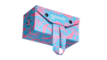 Three-quarter angle view of a rectangular hard cloth sunglasses case shot from below. The case features a tropical pink and blue fabric design.
