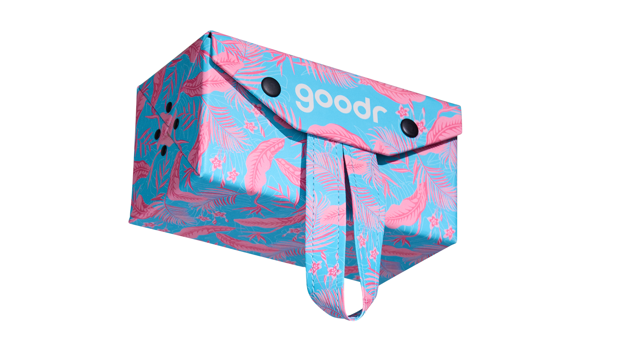 Three-quarter angle view of a rectangular hard cloth sunglasses case shot from below. The case features a tropical pink and blue fabric design.