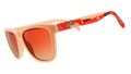 Grand Canyon National Park sunglasses, featuring square frames, orange lenses, and a mountain silhouette design across the temples in shades of orange, brown, and peach.