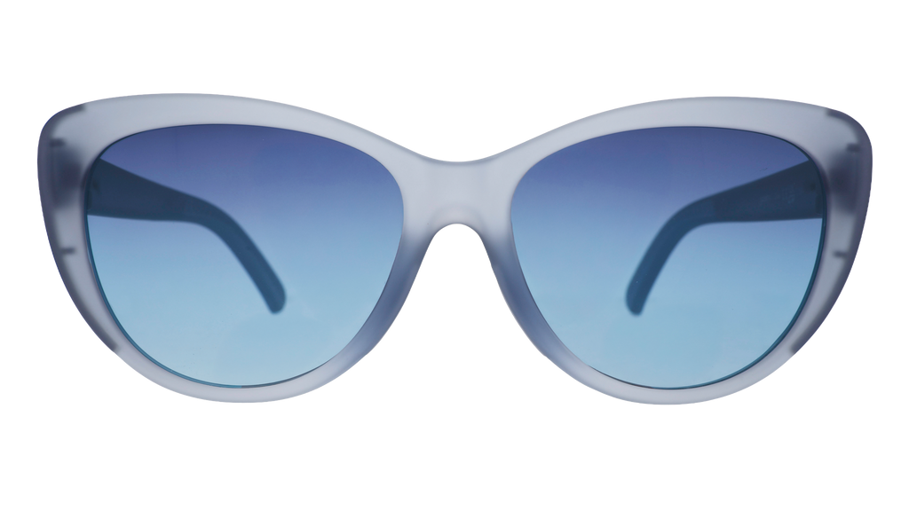 Front view of dusty blue translucent Glam Gs with blue gradient lenses.