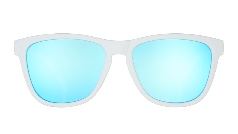 Front view of square-shaped white sunglasses with polarized mirrored blue lenses.
