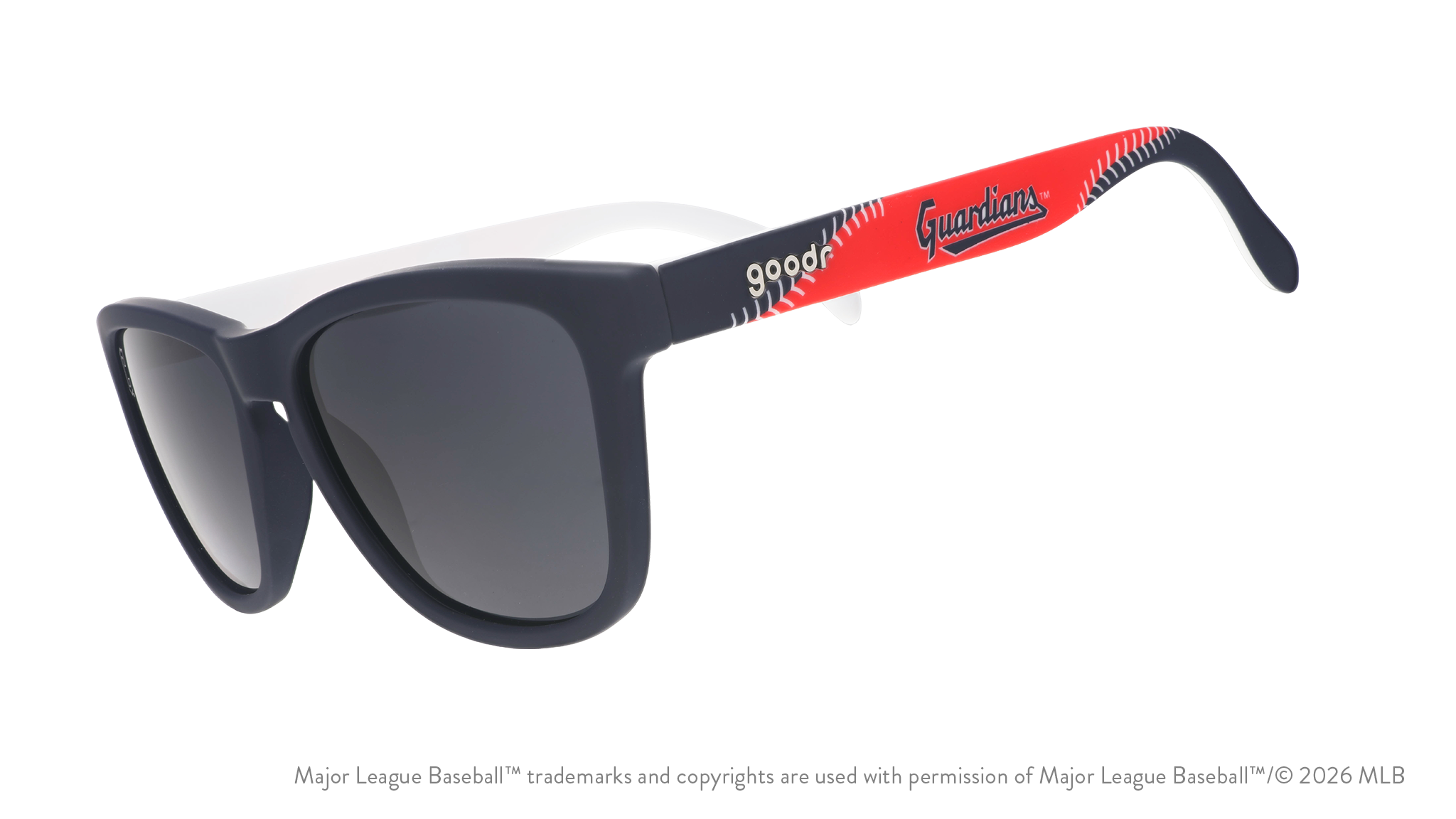 Three-quarter angle view of navy, red, and white shades featuring the Guardians script logo and white baseball stitch design.
