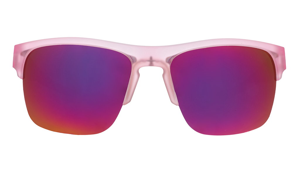 Front view of half-rim translucent pink sunglasses with pink reflective polarized lenses.