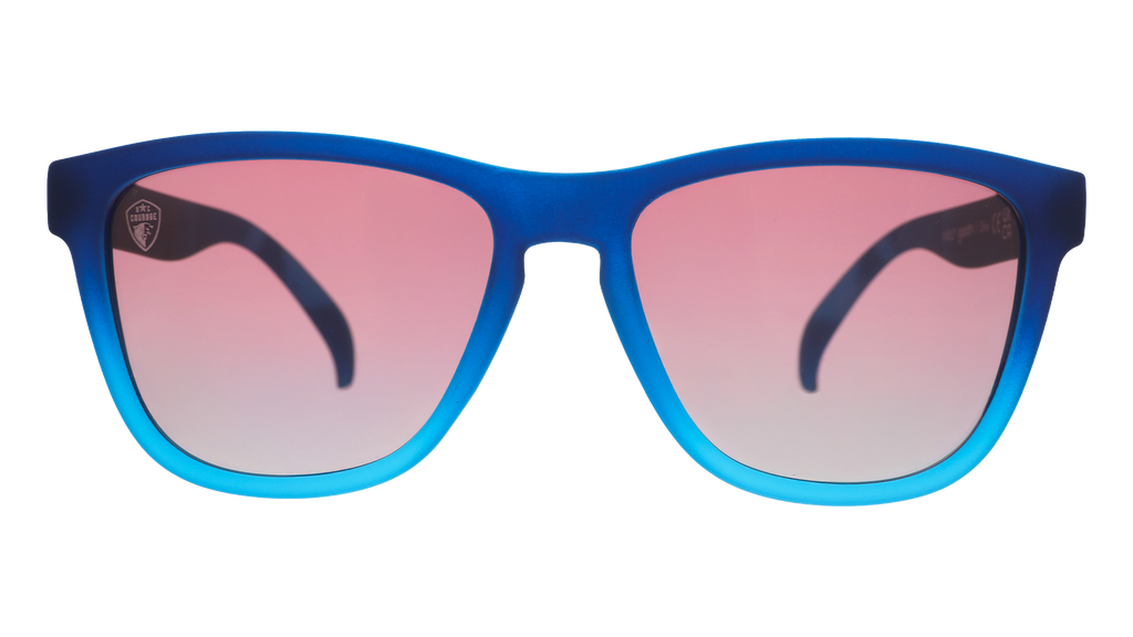 Front view of Atlantic blue sunglasses with rose gradient lenses.