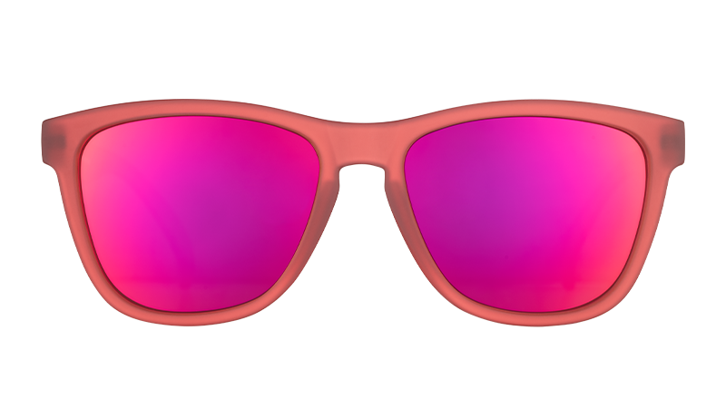 Front view of square-shaped red sunglasses with polarized red mirrored lenses.