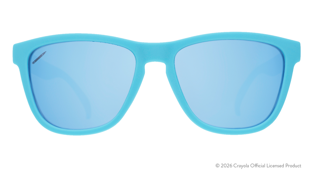 Front view of blue shades. Solid blue front frame w/ blue reflective lenses+small crayon etching in top corner of lens.