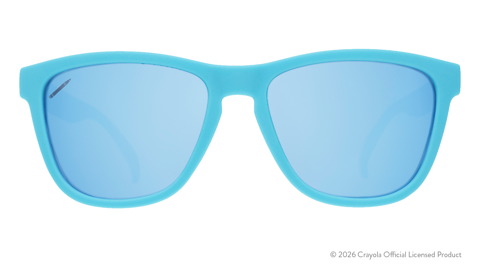 Front view of blue shades. Solid blue front frame w/ blue reflective lenses+small crayon etching in top corner of lens.