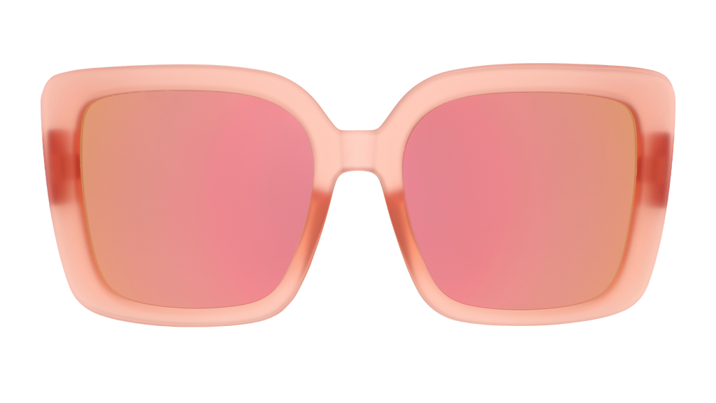Front view of oversized square sunglasses in coral pink with champagne gold reflective lenses.