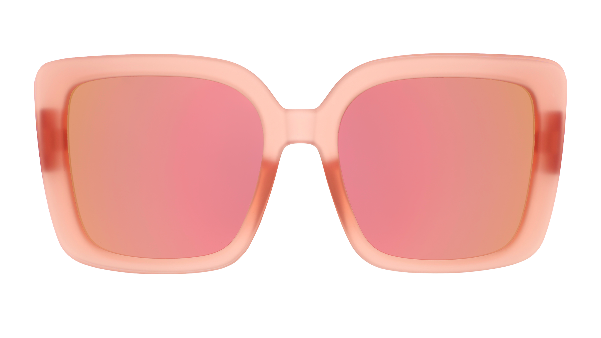 Front view of oversized square sunglasses in coral pink with champagne gold reflective lenses.