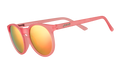 Three-quarter angle view of pink round sunglasses with pink mirrored polarized lenses.