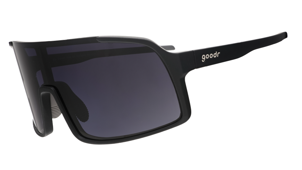 goodr wraparound sunglasses with black temples and dark lenses