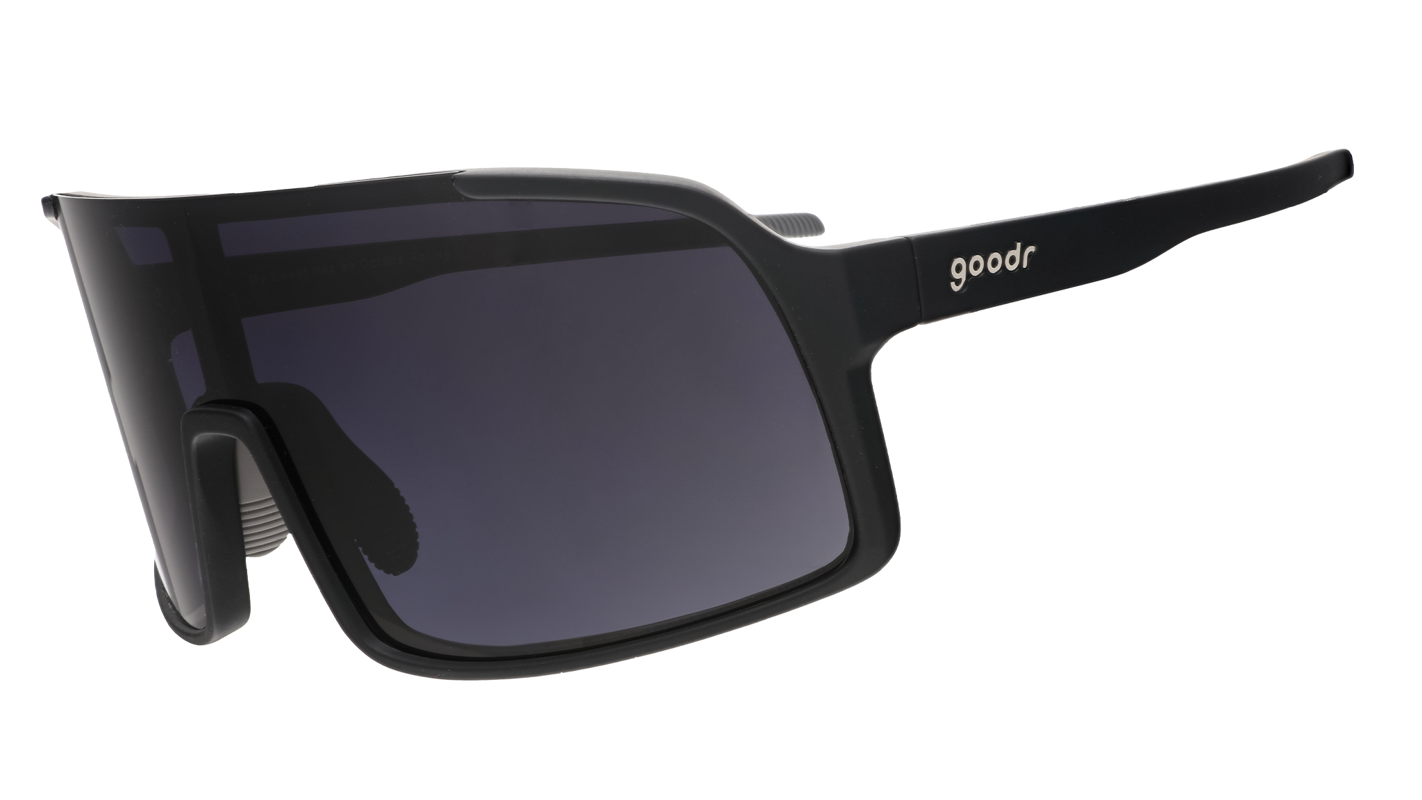 goodr wraparound sunglasses with black temples and dark lenses