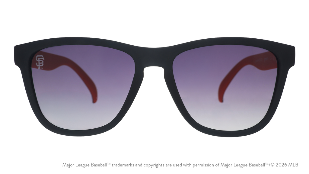 Front view of Giants sunglasses with a black faceplate and black gradient lenses featuring an SF logo lens etch.