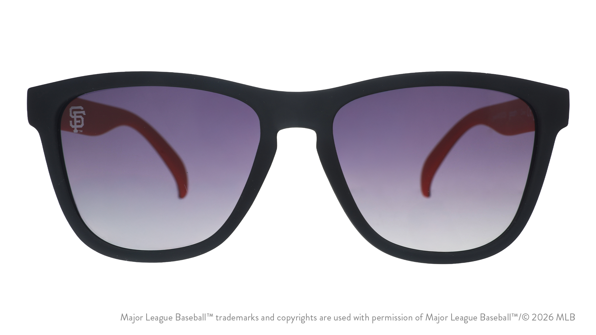 Front view of Giants sunglasses with a black faceplate and black gradient lenses featuring an SF logo lens etch.