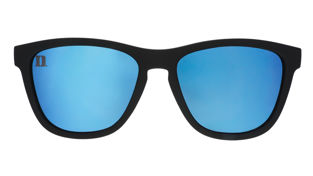 Front view of blue and black Duke University® Blue Devils® sunglasses with blue lenses.