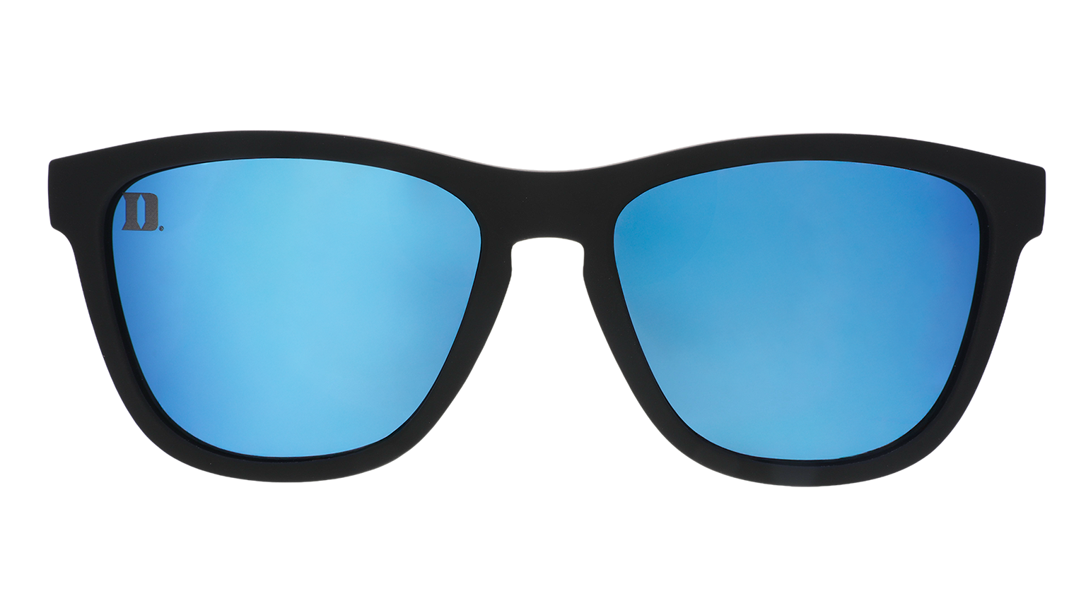 Front view of blue and black Duke University® Blue Devils® sunglasses with blue lenses.