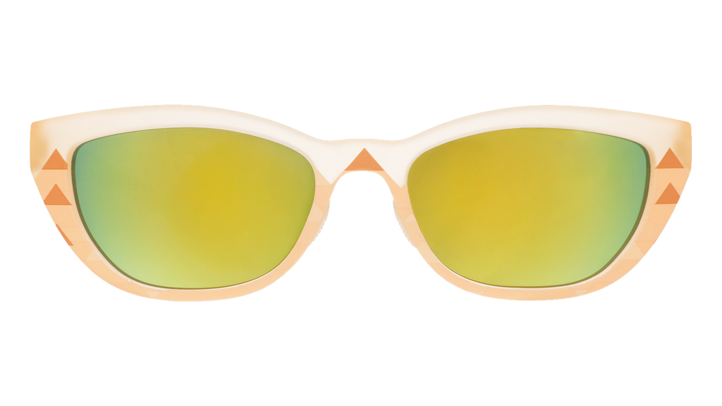 Front view of light brown sunglasses with green mirrored lenses and geometric details.
