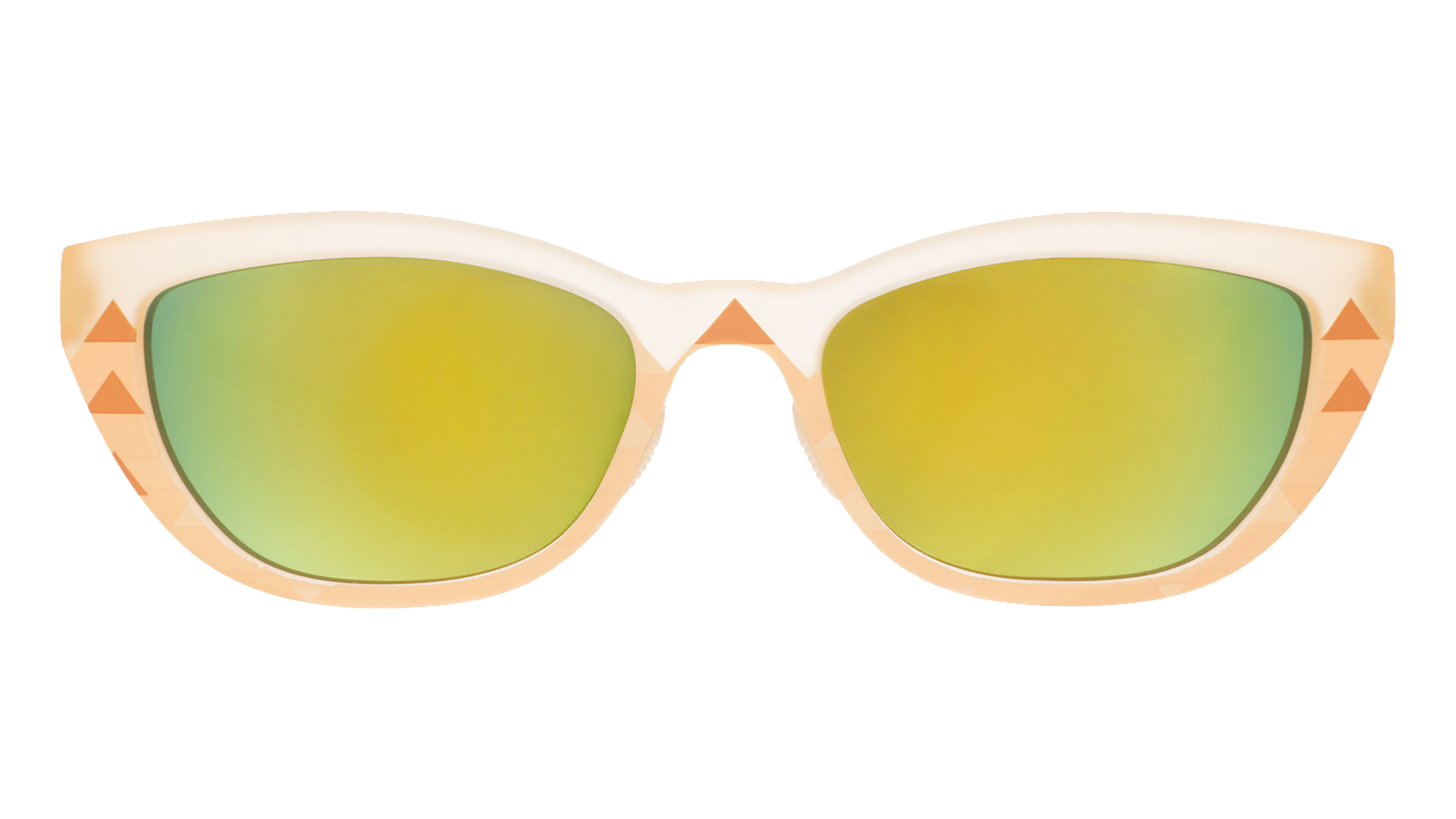Front view of light brown sunglasses with green mirrored lenses and geometric details.