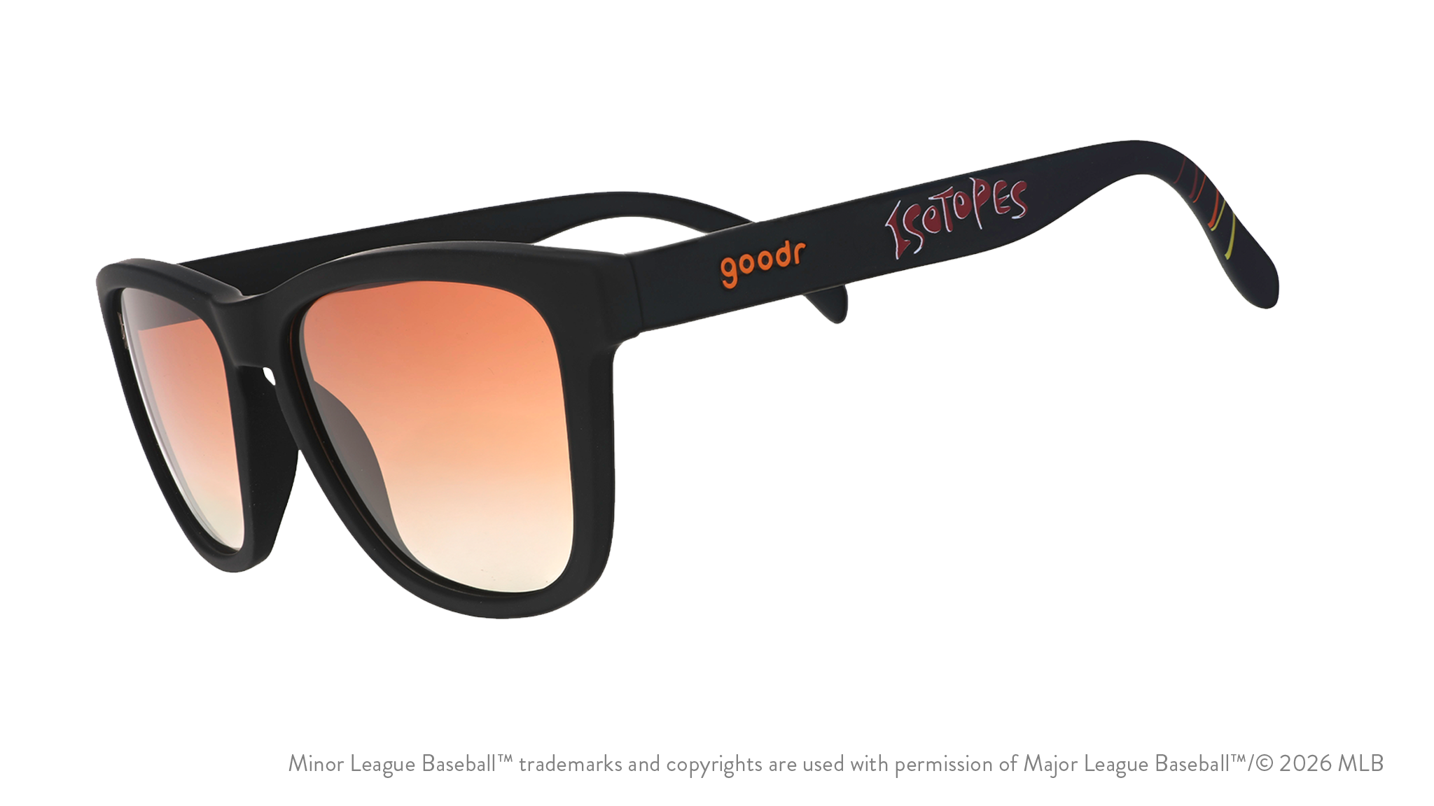 Three-quarter angle view of shades tilted down. Black frames w/ Isotopes + logo on temples. Amber reflective lenses.