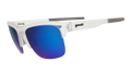 Three-quarter angle view of clear sunnies with half-rim frames+blue reflective lenses tilted down on a white background.