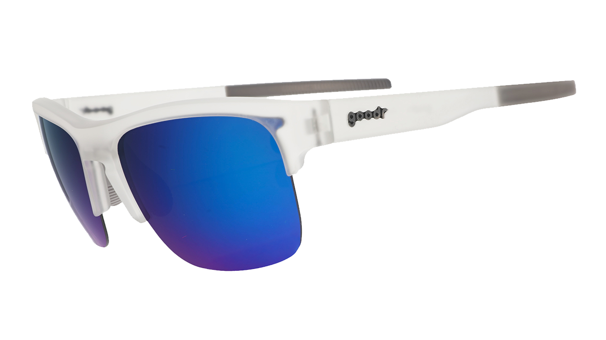 Three-quarter angle view of clear sunnies with half-rim frames+blue reflective lenses tilted down on a white background.