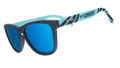 Three-quarter view of teal and storm blue sunglasses with a river current pattern, teal lenses, and the Kansas City Current logo.