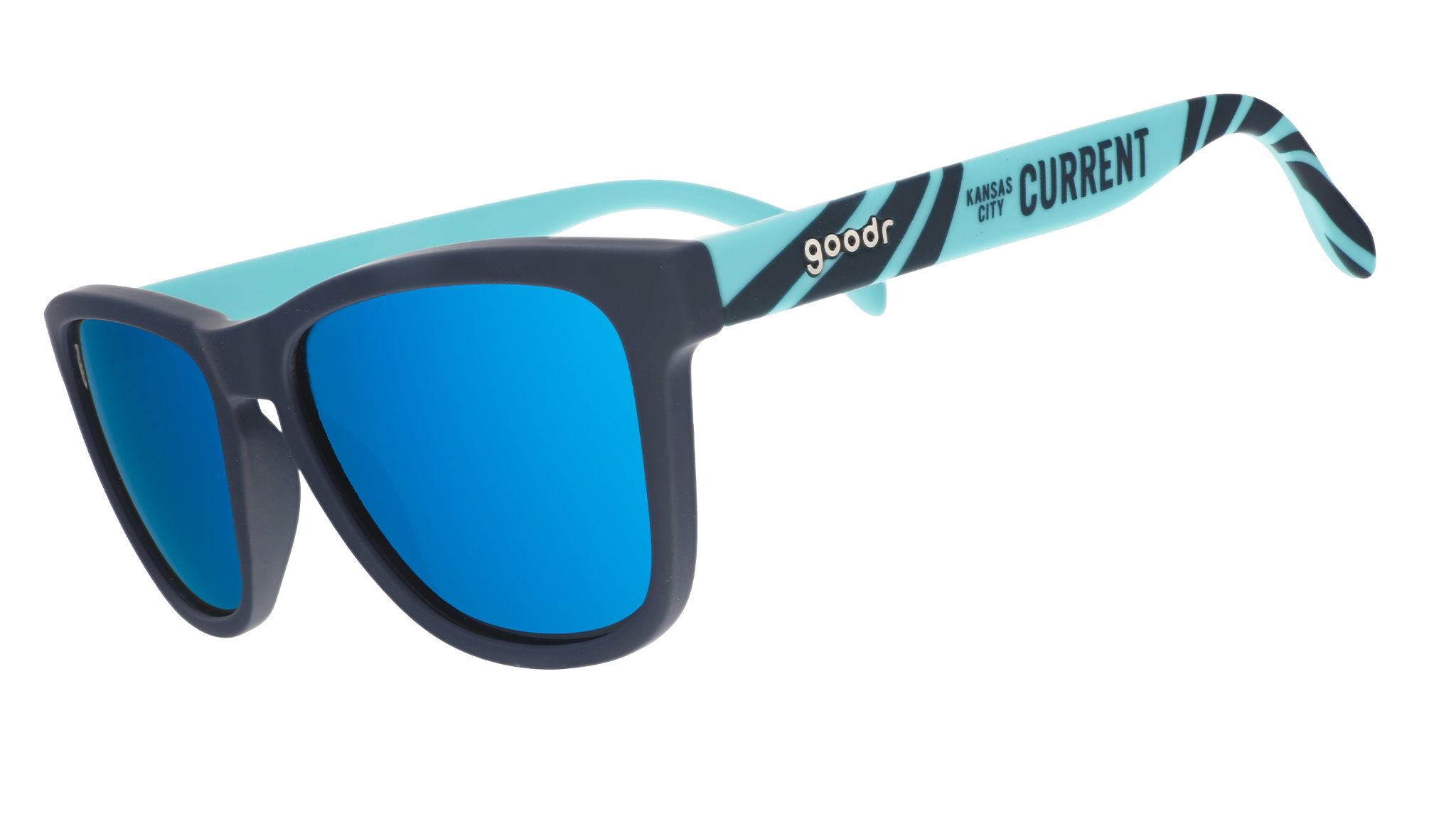 Three-quarter view of teal and storm blue sunglasses with a river current pattern, teal lenses, and the Kansas City Current logo.