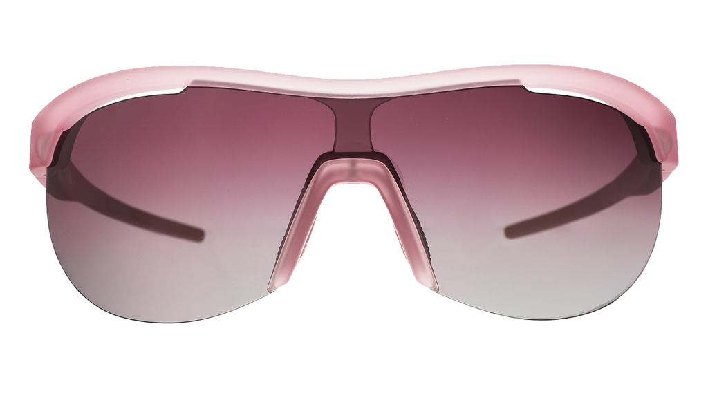 Front view of translucent purple wrap shield sunglasses with gradient purple lenses against a white background.