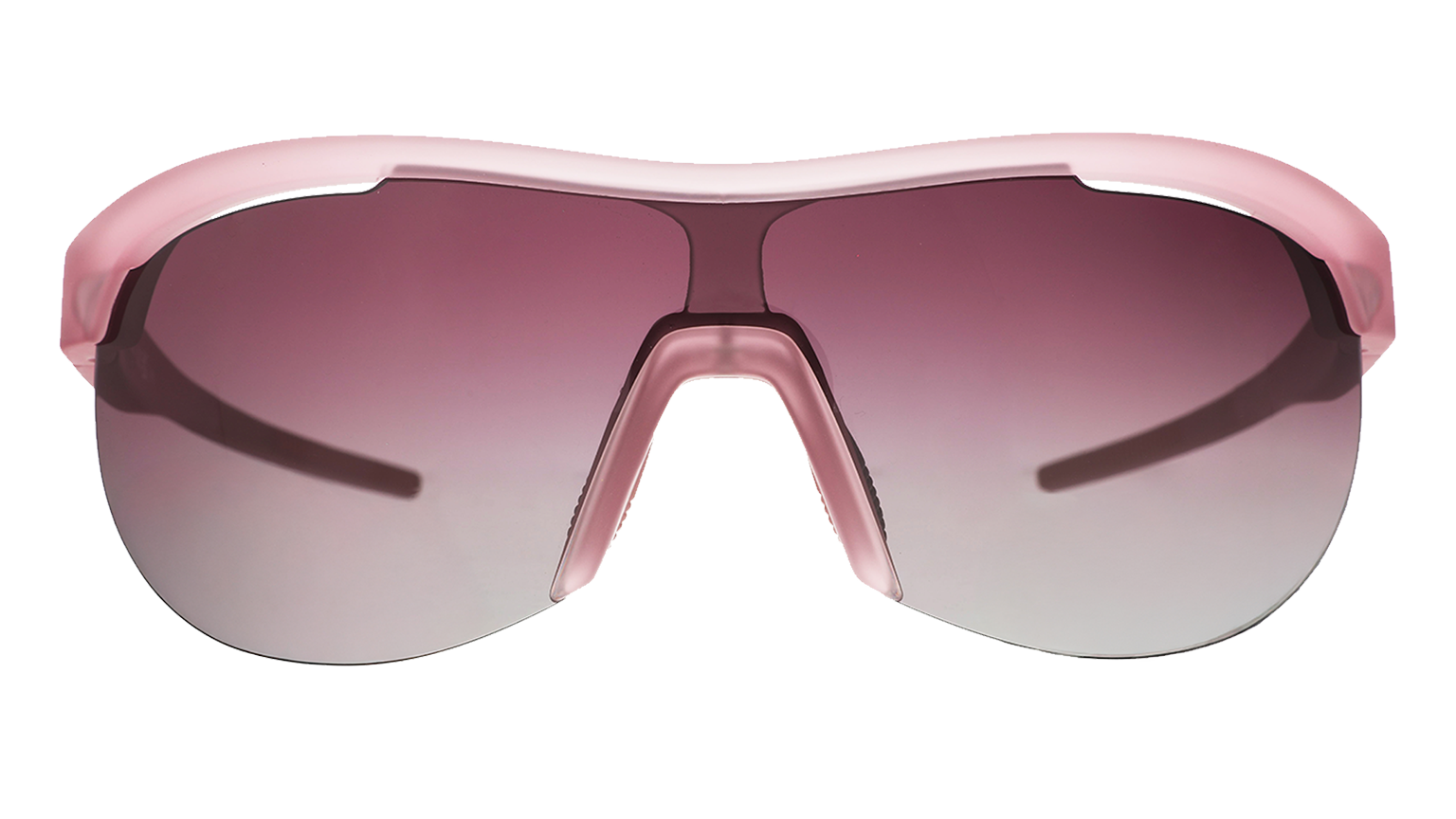 Front view of translucent purple wrap shield sunglasses with gradient purple lenses against a white background.