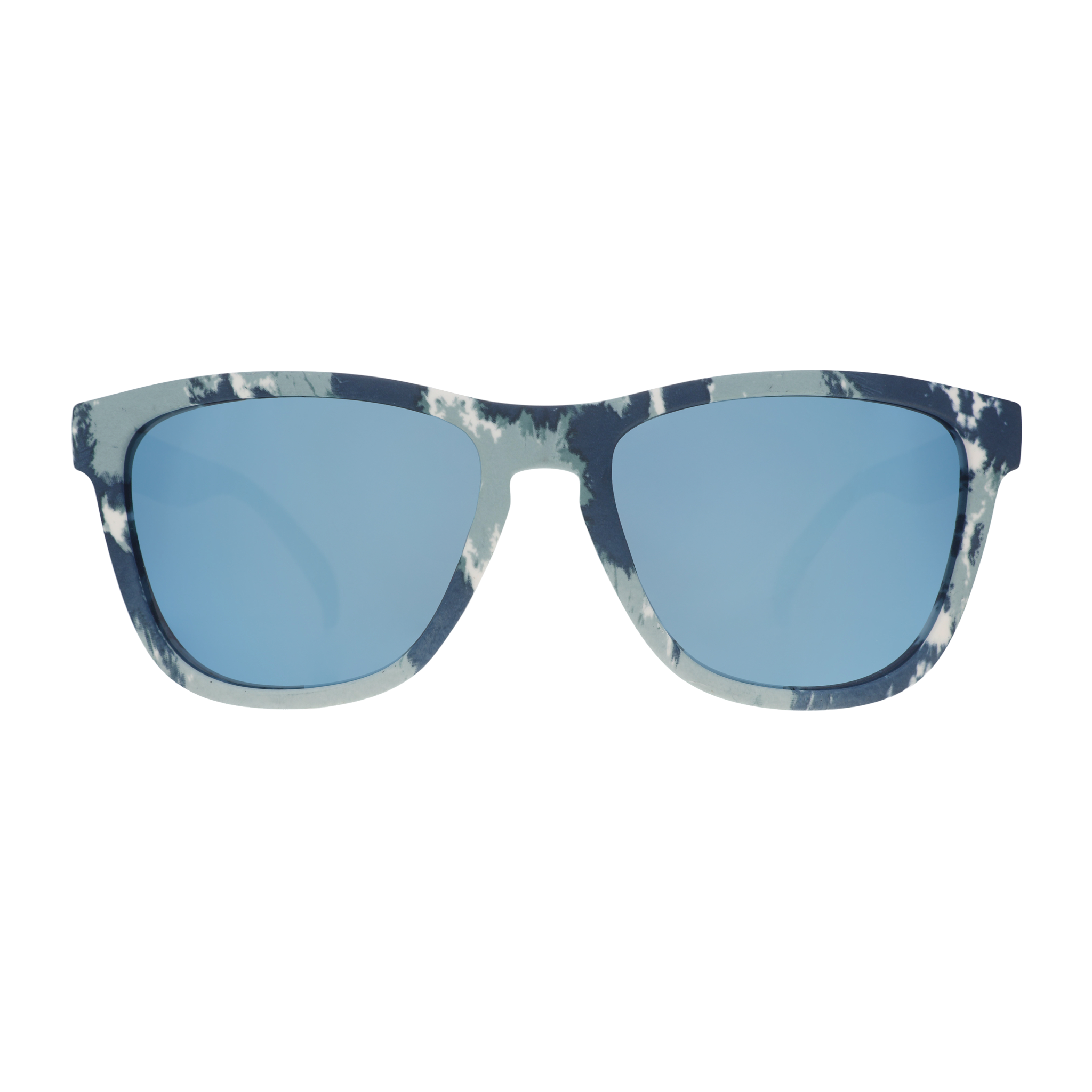 Three-quarter angle view of blue tie-dye sunglasses with blue reflective lenses sitting on a tabletop with tie-dye supplies.