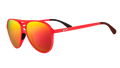 Three-quarter angle view of red aviator sunglasses with bright red mirrored lenses and black silicone inner nose & ear grips.