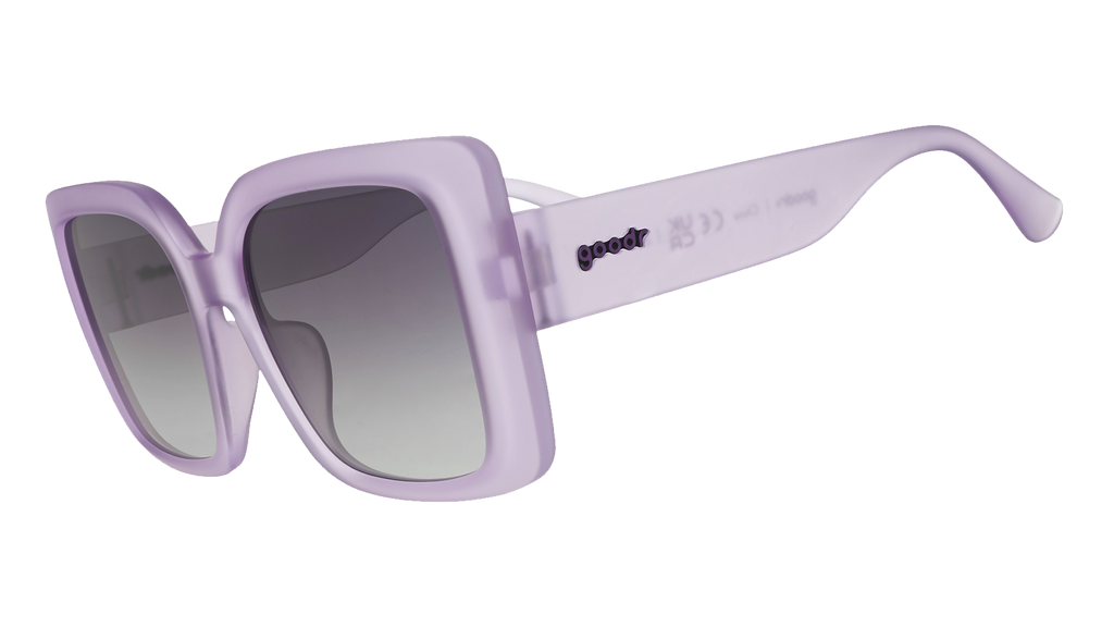 Three-quarter angle view of translucent pale purple oversized square Amp G sunnies with black gradient lenses.