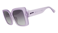 Three-quarter angle view of translucent pale purple oversized square Amp G sunnies with black gradient lenses.