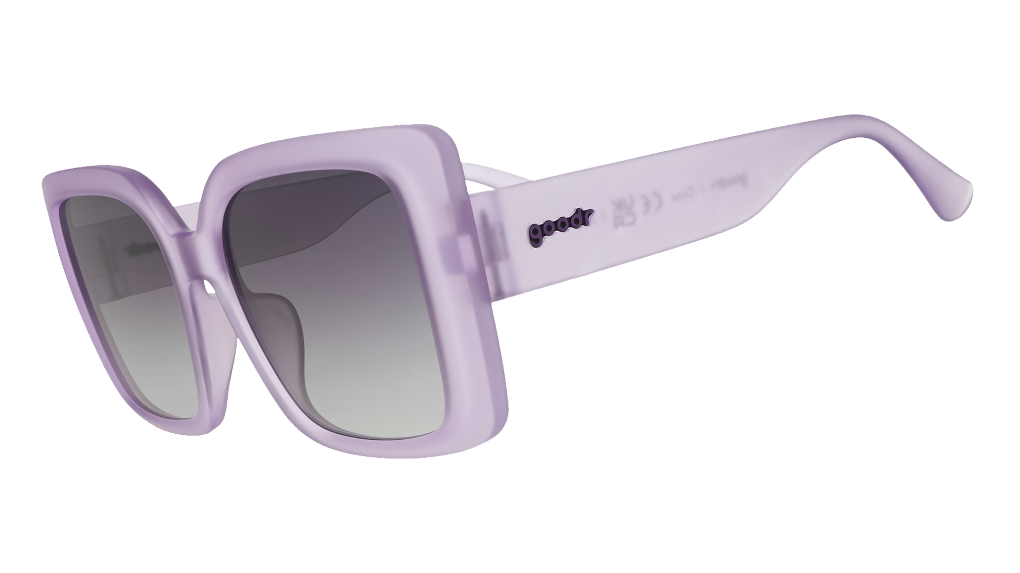 Three-quarter angle view of translucent pale purple oversized square Amp G sunnies with black gradient lenses.
