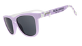 Three-quarter angle view of lavender and mint frames, featuring an argyle pattern, black lenses, and Racing Louisville Football Club logo.