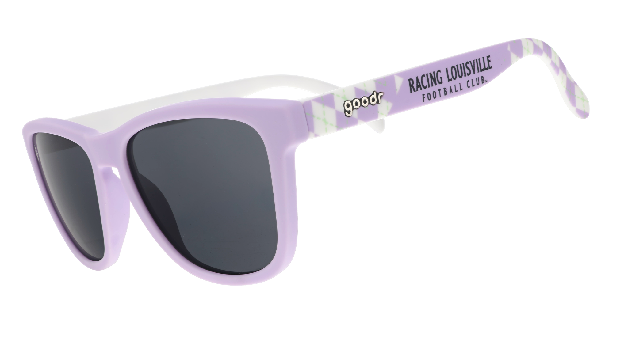 Three-quarter angle view of lavender and mint frames, featuring an argyle pattern, black lenses, and Racing Louisville Football Club logo.