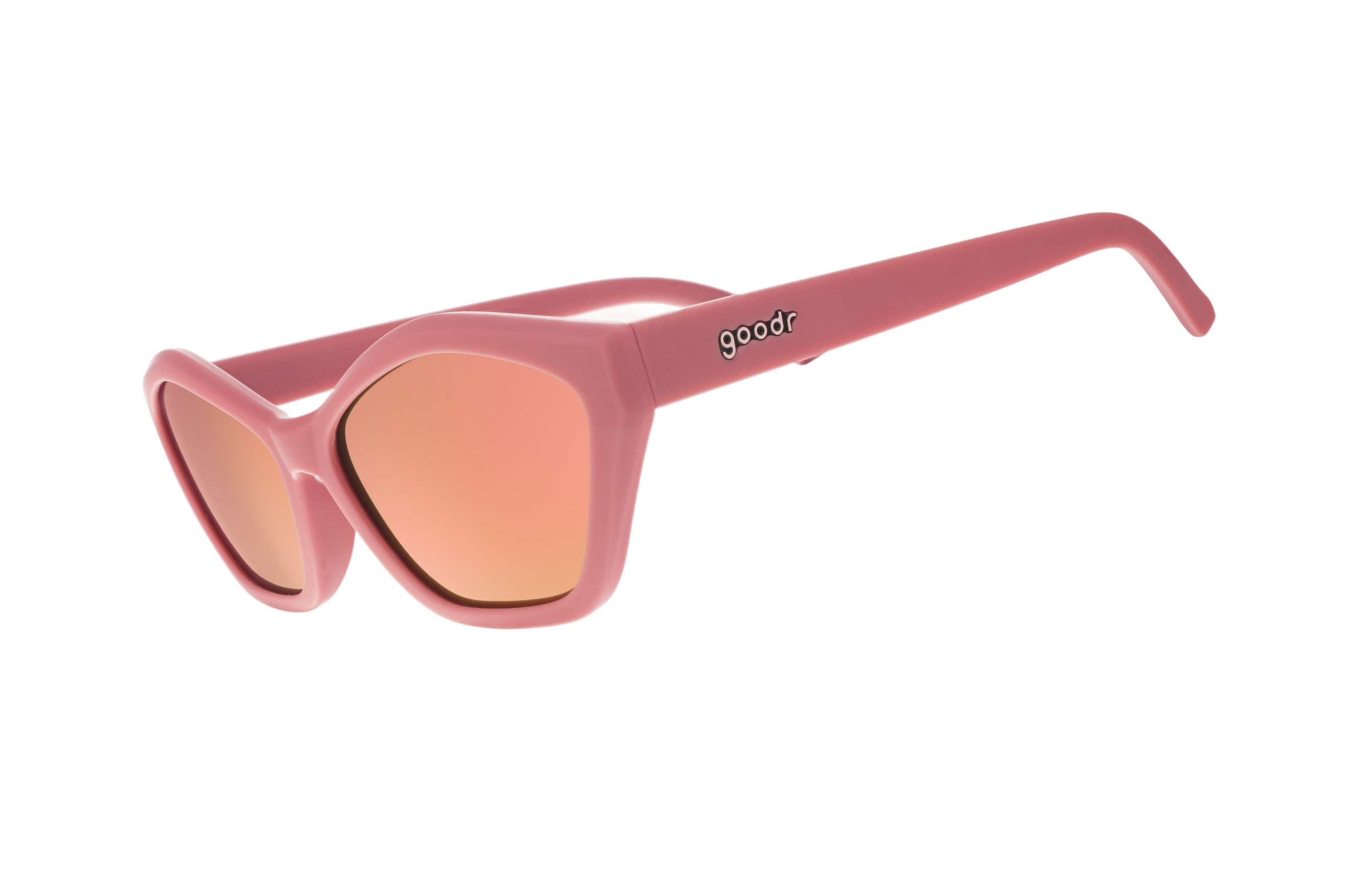 Pink sunglasses with a reflective lens on a white background