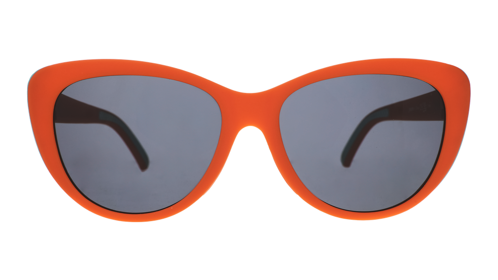 Front view of red cat-eye sunglasses with black non-reflective lenses.