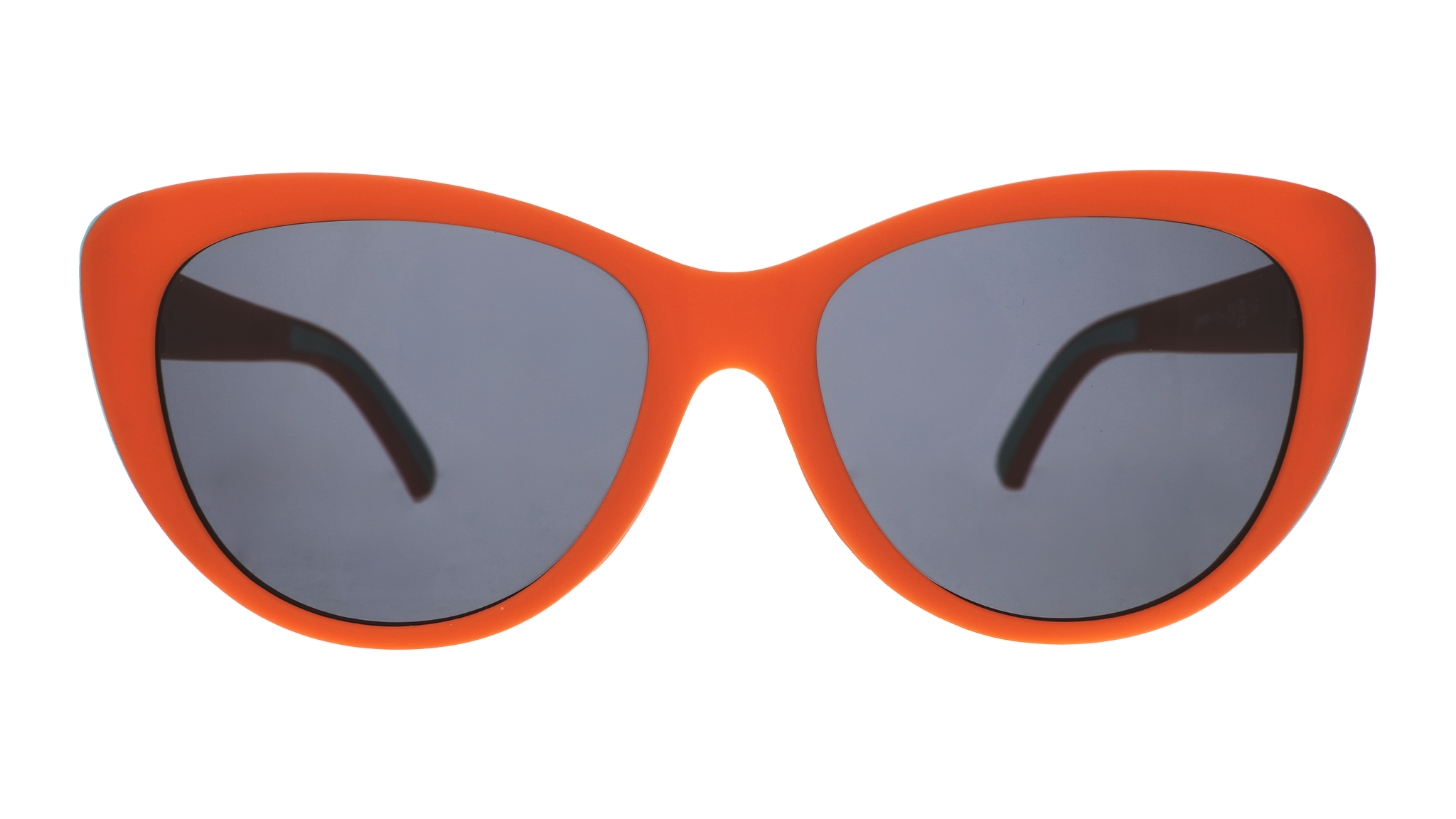 Front view of red cat-eye sunglasses with black non-reflective lenses.